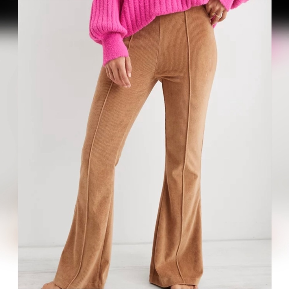 Aerie Groove-On Rib Velour Flare Pants Brown / Toast Small